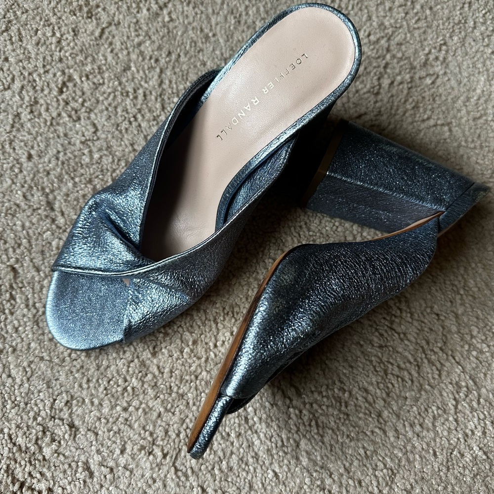 Loeffler Randall Metallic Blue Open-Toe Block Heel Mules